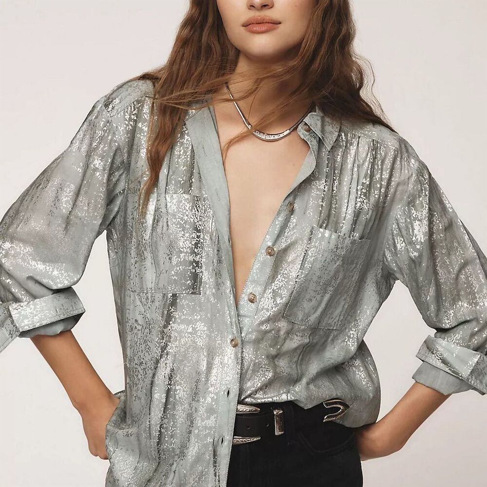 NWT Anthropologie Pilcro Foil Shine Buttondown Shirt Oversized XXS - Picture 2 of 10